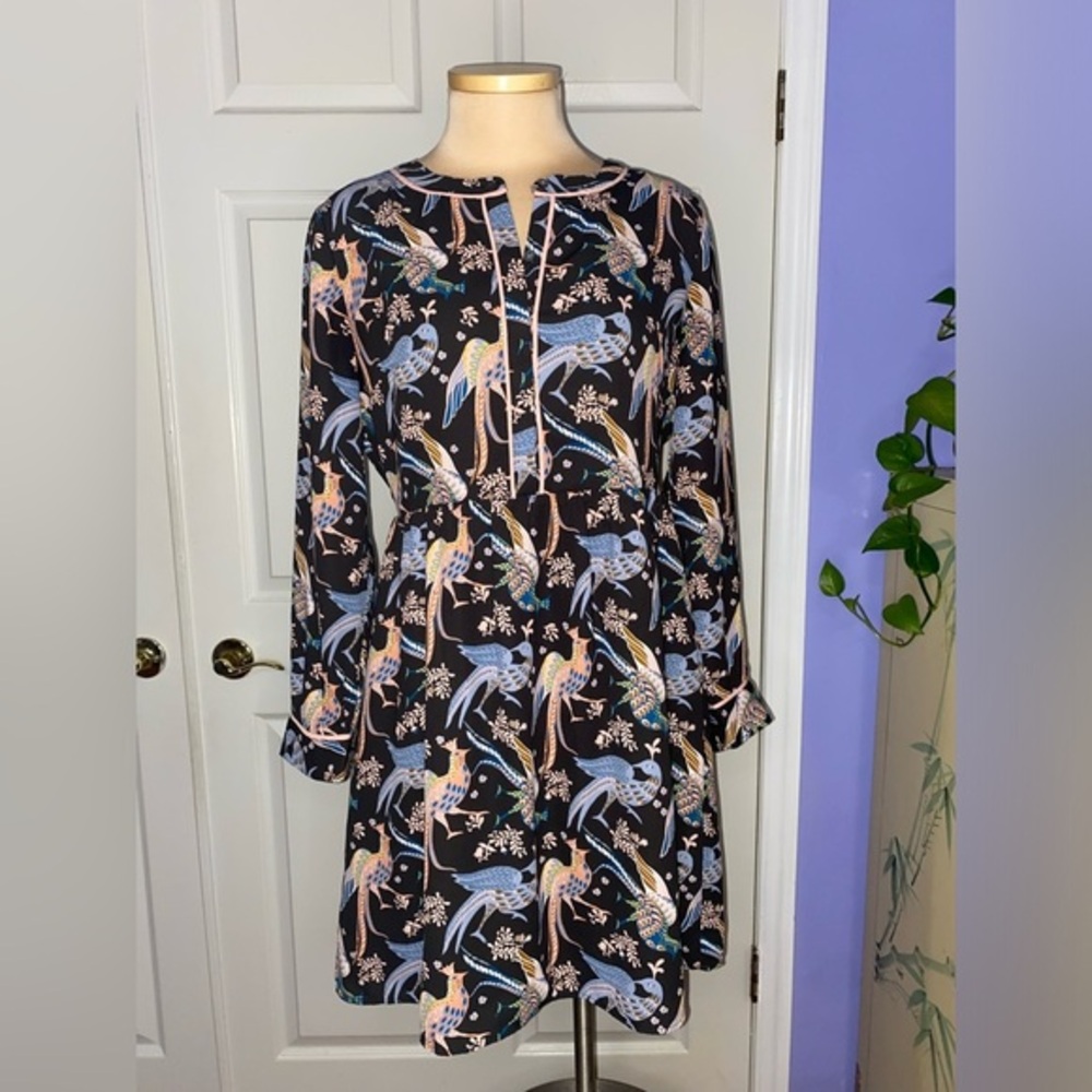 LOFT Peacock Print Dress Women’s 4 Petite | Long Sleeve | Eclectic Bird Print